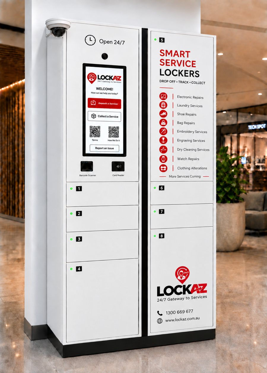 Smart service locker for depositing and collecting repairs, with touchscreen, barcode scanner and card reader